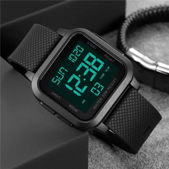 Square Men's Digital Watch Big Numbers Dial Large Face Waterproof LED Watches - Picture 10 of 14